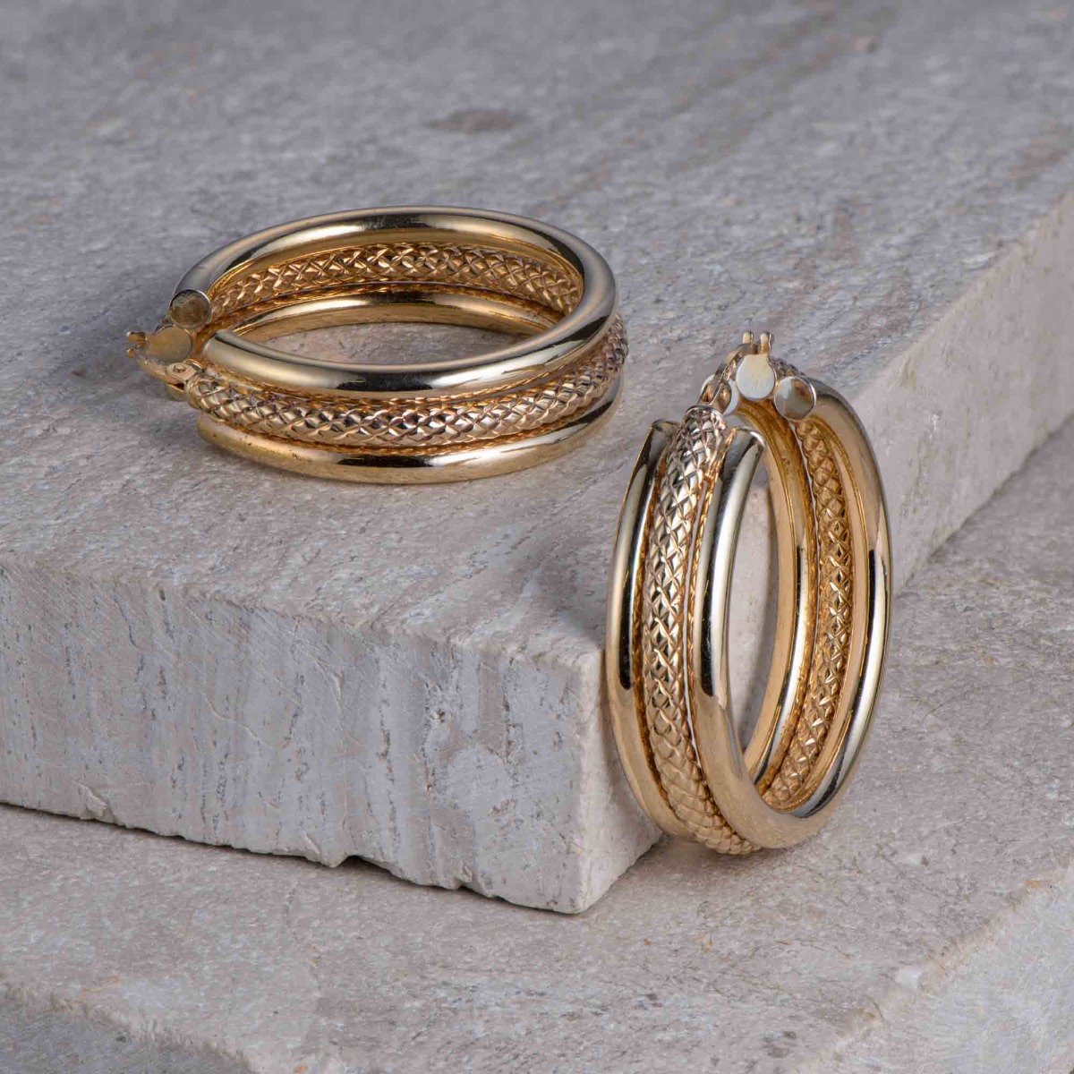 Product Image for 9ct Yellow Gold Textured & Polished Double Hoop Earrings – 35mm- Classic Woven Design