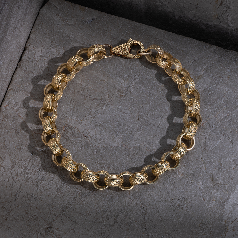 Product Image for 9ct Yellow Gold Solid Ornate Fully Patterned Belcher Bracelet - 9.5mm - 6.5" (CHILDS)