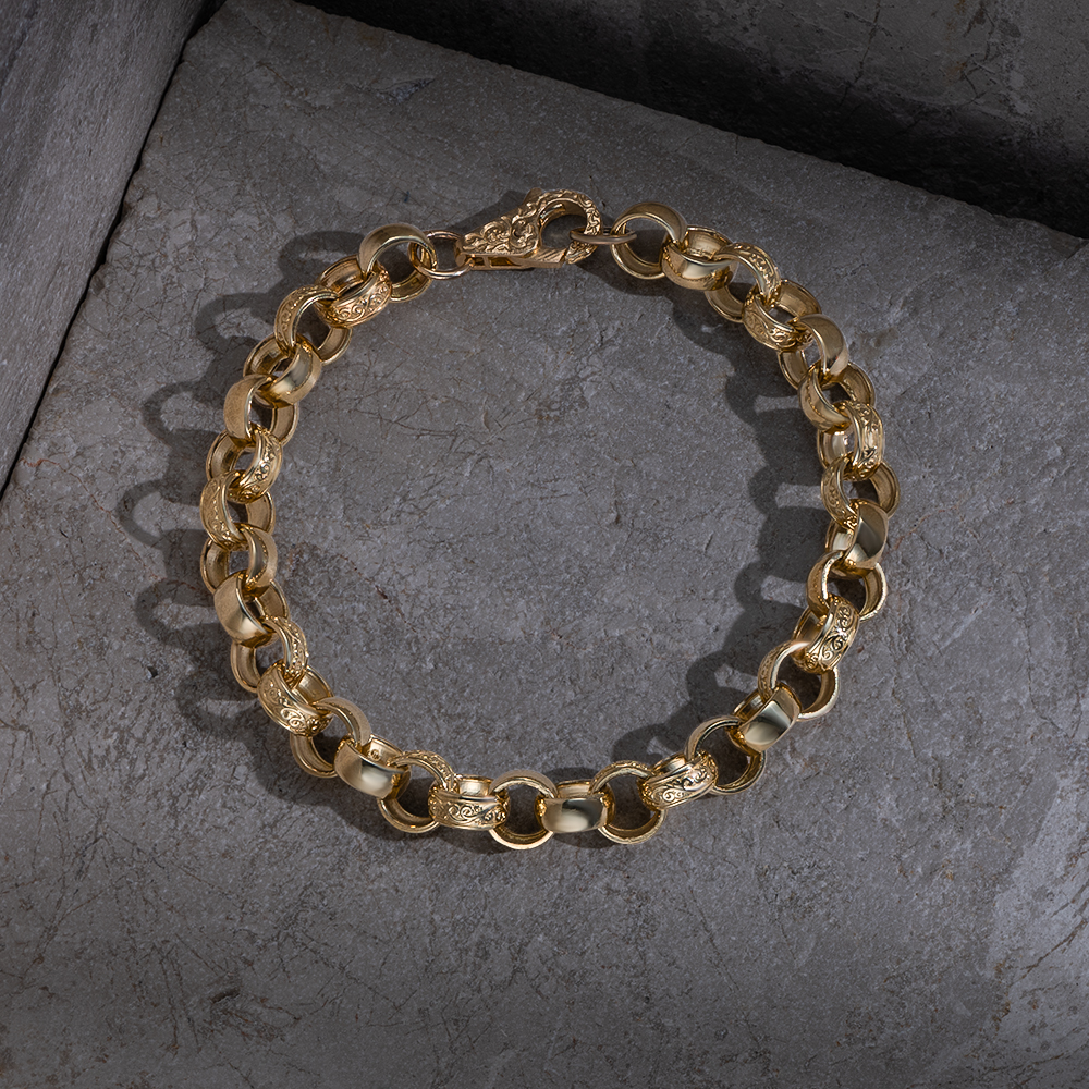 Product Image for 9ct Yellow Gold Solid Ornate Half Patterned Belcher Bracelet - 9.5mm - 6.5" (CHILDS)