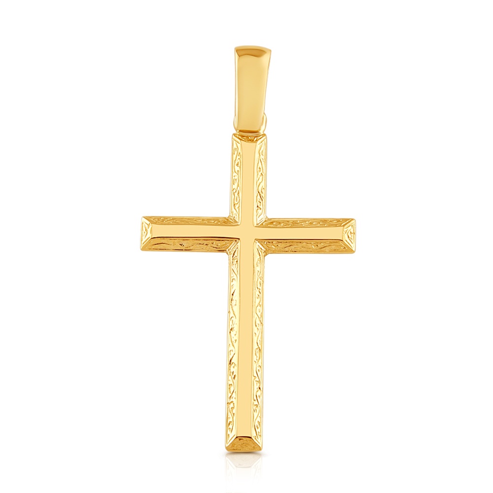 Product Image for 9ct Yellow Gold Solid Patterned Bevelled Edge Cross Pendant