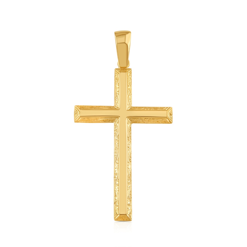 Product Image for Solid 9ct Yellow Gold Patterned Bevelled Edge Cross Pendant- 67mm