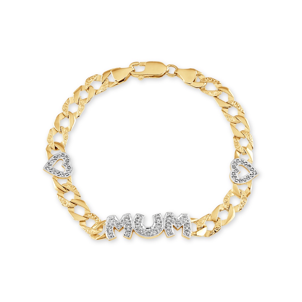 Product Image for 9ct Yellow Gold Gem-set Mum & Heart Curb Bracelet - 7"- Ladies