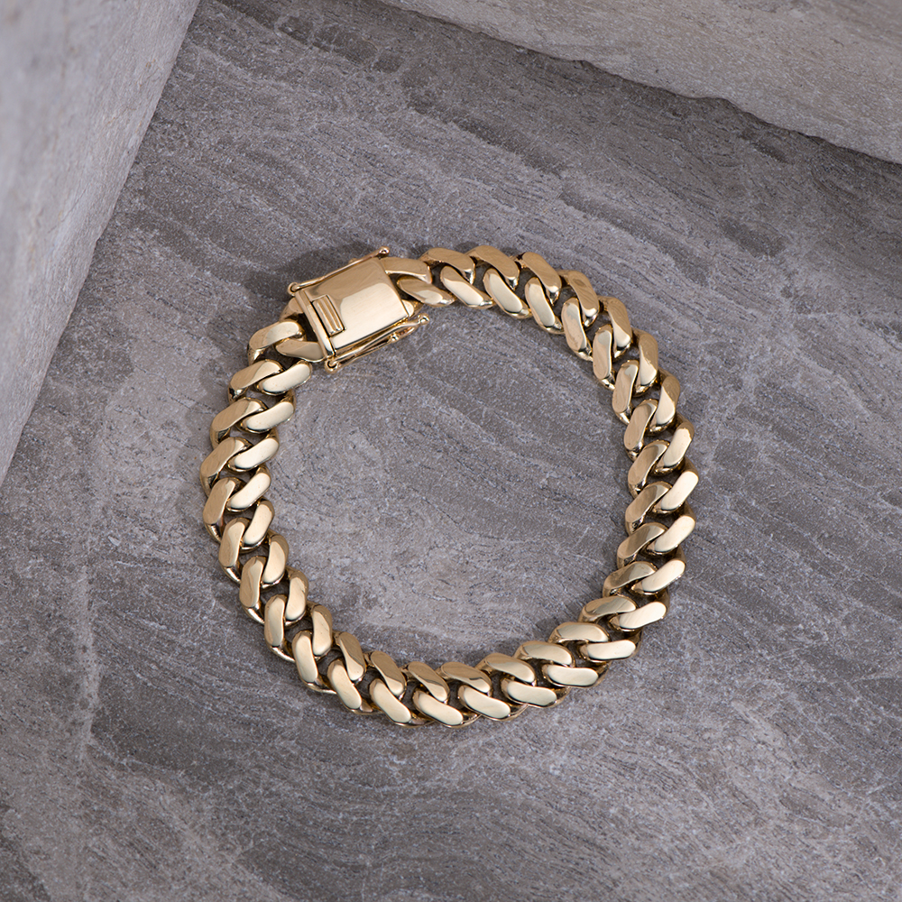 Product Image for 9ct Solid Yellow Gold Flat Cuban Gents Bracelet – 11mm Wide, 3mm Thick -8.25"- Gents - Ex Display
