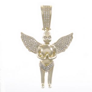 9ct Yellow Gold Cubic Zirconia Iced Out 3D Cherub Pendant    