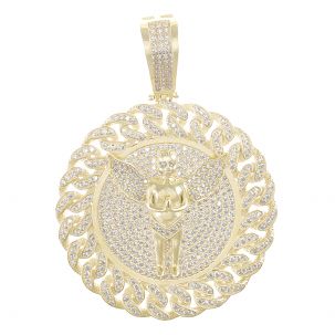 9ct Yellow Gold Round Iced Out Medallion Cherub Pendant     