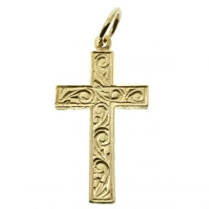9ct Yellow Gold Ornate Patterned Solid Classic Cross Pendant