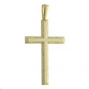 Solid 9ct Yellow Gold Patterned Bevelled Edge Cross Pendant  