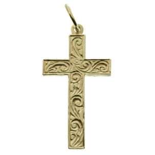 9ct Yellow Gold Ornate Patterned Solid Classic Cross Pendant