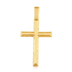 9ct Yellow Gold Solid Patterned Bevelled Edge Cross Pendant 