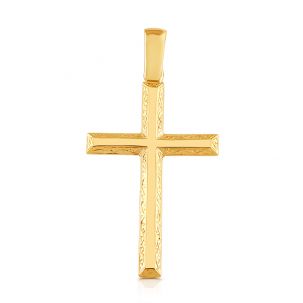 9ct Yellow Gold Patterned Bevelled Edge Cross Pendant          