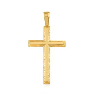 Solid 9ct Yellow Gold Patterned Bevelled Edge Cross Pendant- 67mm