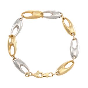 9ct White & Yellow Gold Polished Oval Link Bracelet - 7"- Ladies