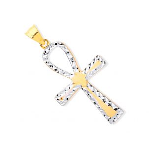 9ct Yellow & White Gold Diamond-cut Ankh Cross Pendant - 34mm 