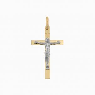 9ct Yellow & White Gold Flat Crucifix Cross Pendant - 34mm