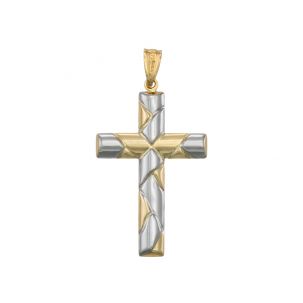 9ct Yellow & White Gold Oval Tubed Hollow Cross Pendant - 41mm