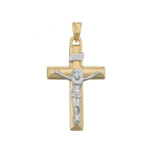 9ct Yellow & White Gold Hollow Crucifix Cross Pendant - 41mm