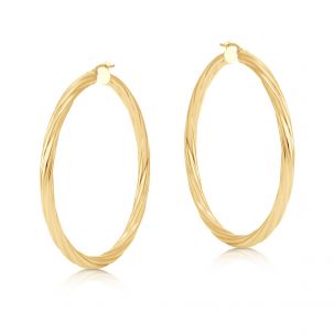 9ct Yellow Gold Round Twist Design Hoop Earrings - 57mm