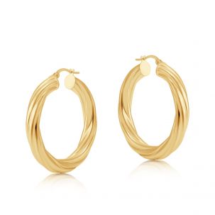 9ct Yellow Gold Round Twist Design Hoop Earrings - 35mm
