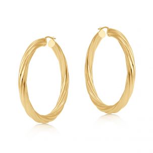 9ct Yellow Gold Round Twist Design Hoop Earrings - 50mm