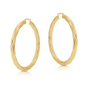 9ct Yellow Gold Round Twist Design Hoop Earrings - 58mm