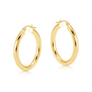 9ct Yellow Gold Round Tube Design Hoop Earrings - 25mm