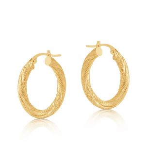 9ct Yellow Gold Round Frosted Twist Hoop Earrings - 21mm