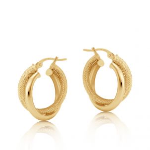 9ct Yellow Gold Frosted Twist Double Hoop Earrings - 23mm