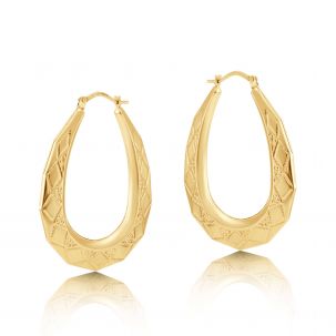 9ct Yellow Gold Diamond Cut Patterned Oval Creole Earrings - 30mm