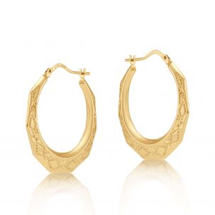 9ct Yellow Gold Diamond Cut Round Patterned Creole Earrings- 30mm