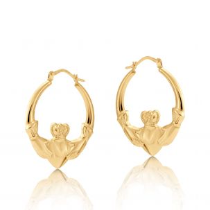 9ct Yellow Gold Claddagh Creole Hoop Earrings - 25mm