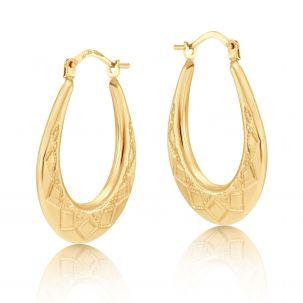 9ct Yellow Gold Diamond Cut Patterned Oval Creole Earrings - 19mm
