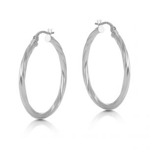 9ct White Gold Twist Design Hoop Earrings - 30mm