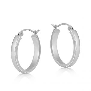 9ct White Gold Diamond Cut Design Oval Hoop Earrings - 20mm