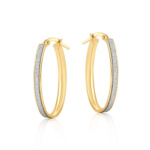 9ct Yellow Gold Moondust Oval Hoop Earrings - 14mm