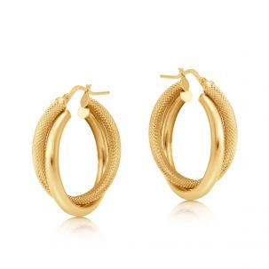 9ct Yellow Gold Frosted Twist Double Hoop Earrings - 29mm