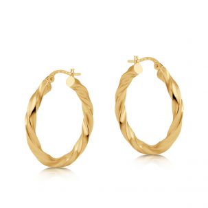 9ct Yellow Gold Round Twist Design Hoop Earrings - 26mm