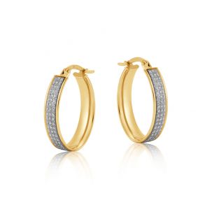9ct Yellow & White Gold Oval Moondust Pave Cut Hoop Earrings - 16mm