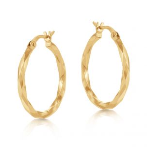 9ct Yellow Gold Faceted Diamond Cut Hoop Earrings - 22mm