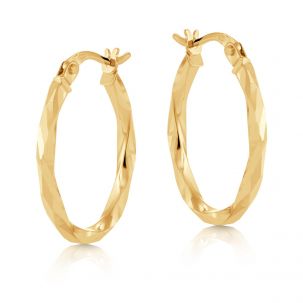 9ct Yellow Gold Faceted Diamond Cut Oval Hoop Earrings - 22mm