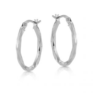 9ct White Gold Faceted Diamond Cut Oval Hoop Earrings - 22mm