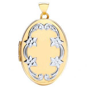 9ct Yellow & White Gold Floral pattern Oval Locket Pendant - 38mm