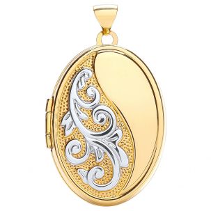 9ct Yellow & White Gold Floral Pattern Oval Locket Pendant - 36mm