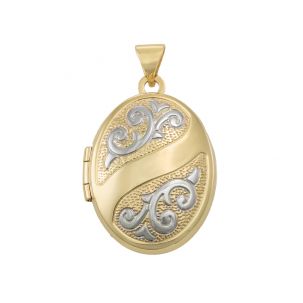 9ct Yellow & White Gold Floral Pattern Oval Locket Pendant - 30 mm