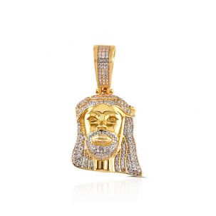 9ct Yellow Gold Cubic Zirconia Iced Out 3D Jesus Head Pendant