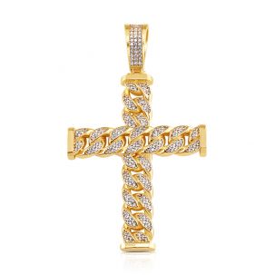 9ct Yellow Gold Iced Out Cubic Zirconia Cuban Link Cross Pendant