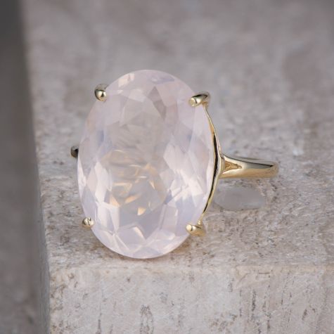 9ct Yellow Gold Natural Rose Quartz Statement Ring 9.58ct Oval Gemstone Ring Size P Large Cocktail Ring 5.5g