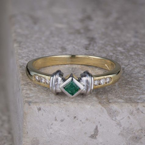 14ct Yellow & White Gold Emerald & Diamond Ring, Square Cut Emerald Centre, Size N