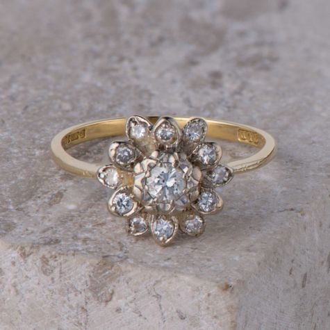 18ct Gold Vintage Diamond Cluster Flower Ring – 1983, Size N, 3.2g, Pre-Owned