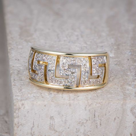 Solid 9ct Gold Greek Key Diamond Set Ladies Ring , 9.5mm Wide, 3.7gr - Size L