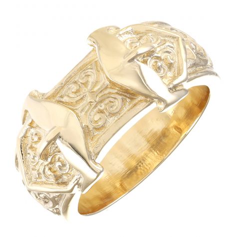 Solid 9ct Yellow Gold Gent's Medium Ornate Double Buckle Ring 